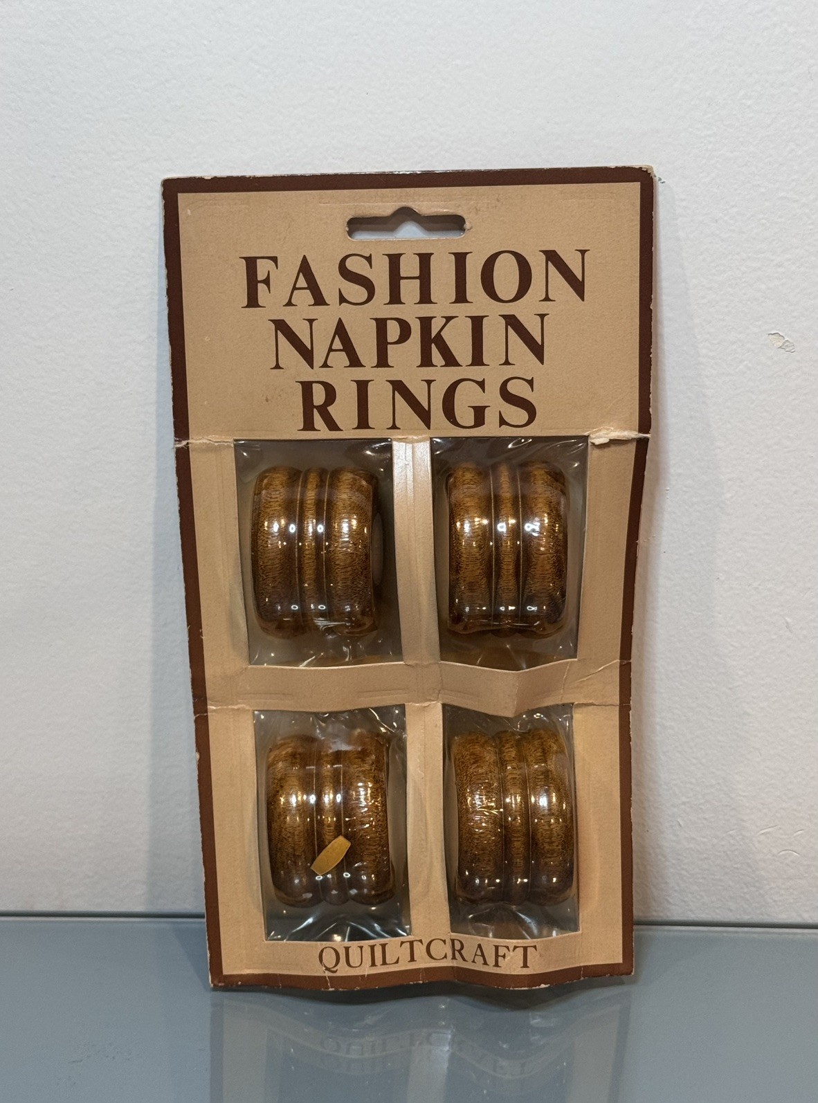 Vintage Quiltcraft Wood Napkin Rings Set of 4 NEW In Package Boho Ribbed
