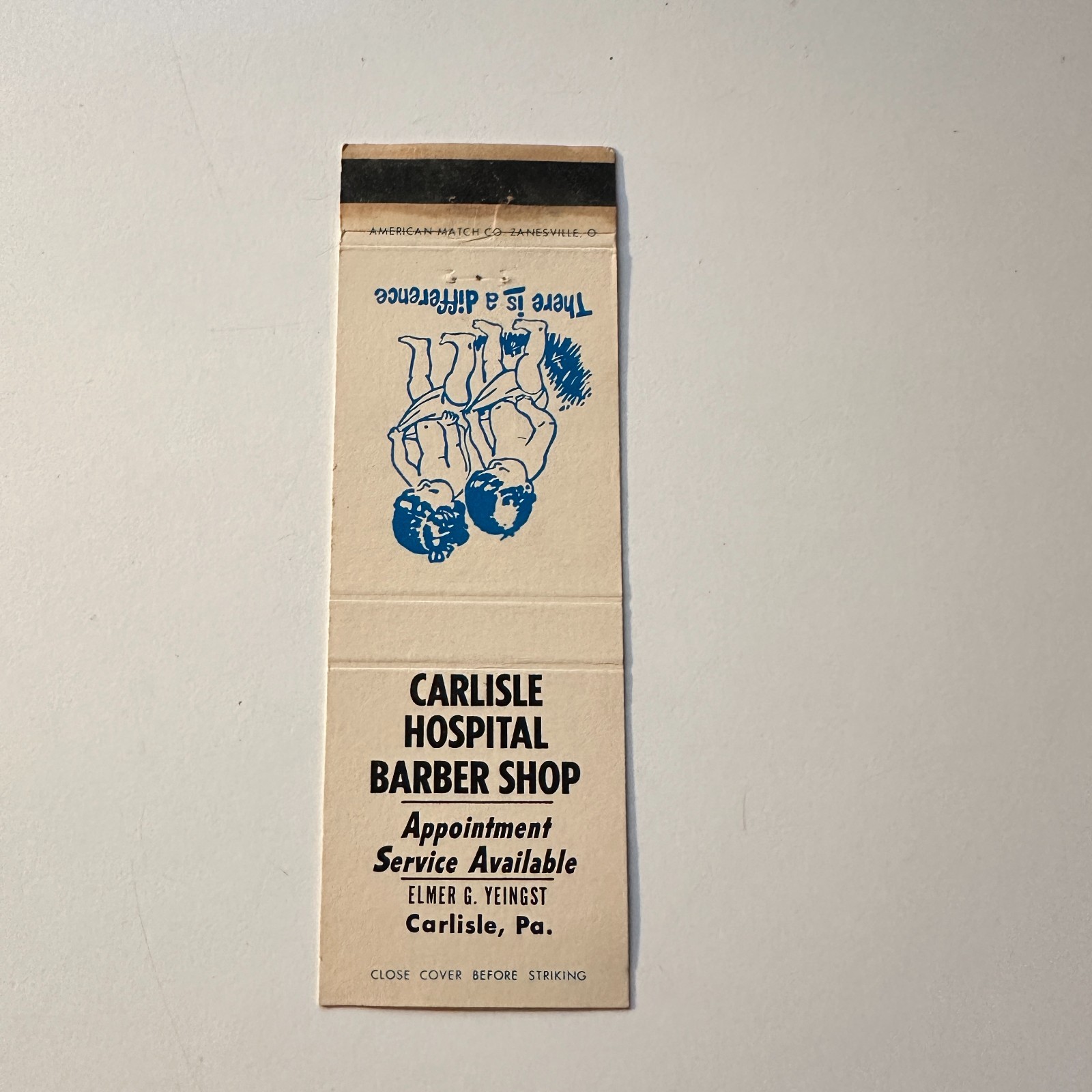 Carlisle Hospital Barber Shop EG Yeingst PA Vintage Matchbook Cover 5MB126-3-1