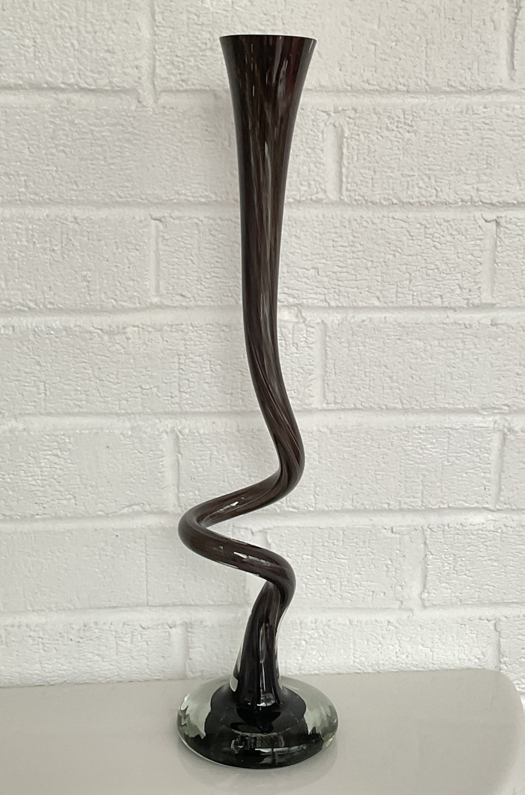 Vintage Jozefina Krosno Attributed Art Blown Glass Twisted Smoke Gray Vase 15.5”