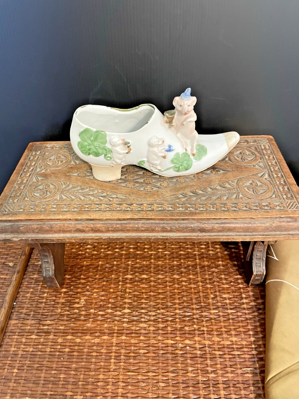 Vintage Bisque Shoe with Little Pigs and Shamrocks Figurine or Planter