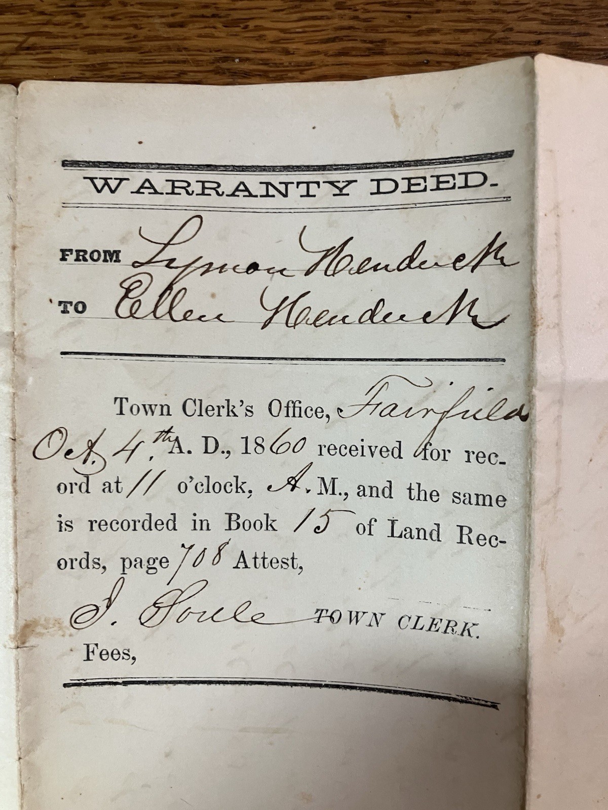 1860 - WARRANTY DEED - Land / House Sale for $500 - by  LYMAN HENDRICK