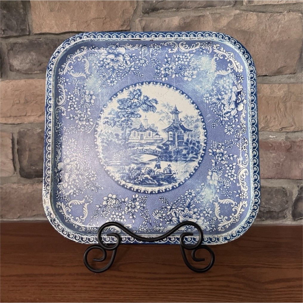 Vintage Daher Decorated Ware Blue White Chinoiserie Tin Tray 13.75” England
