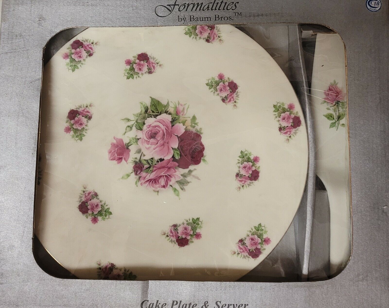 Vintage Formalities by Baum Bros Cake Plate & Server Gold Trim Pink Roses in Box