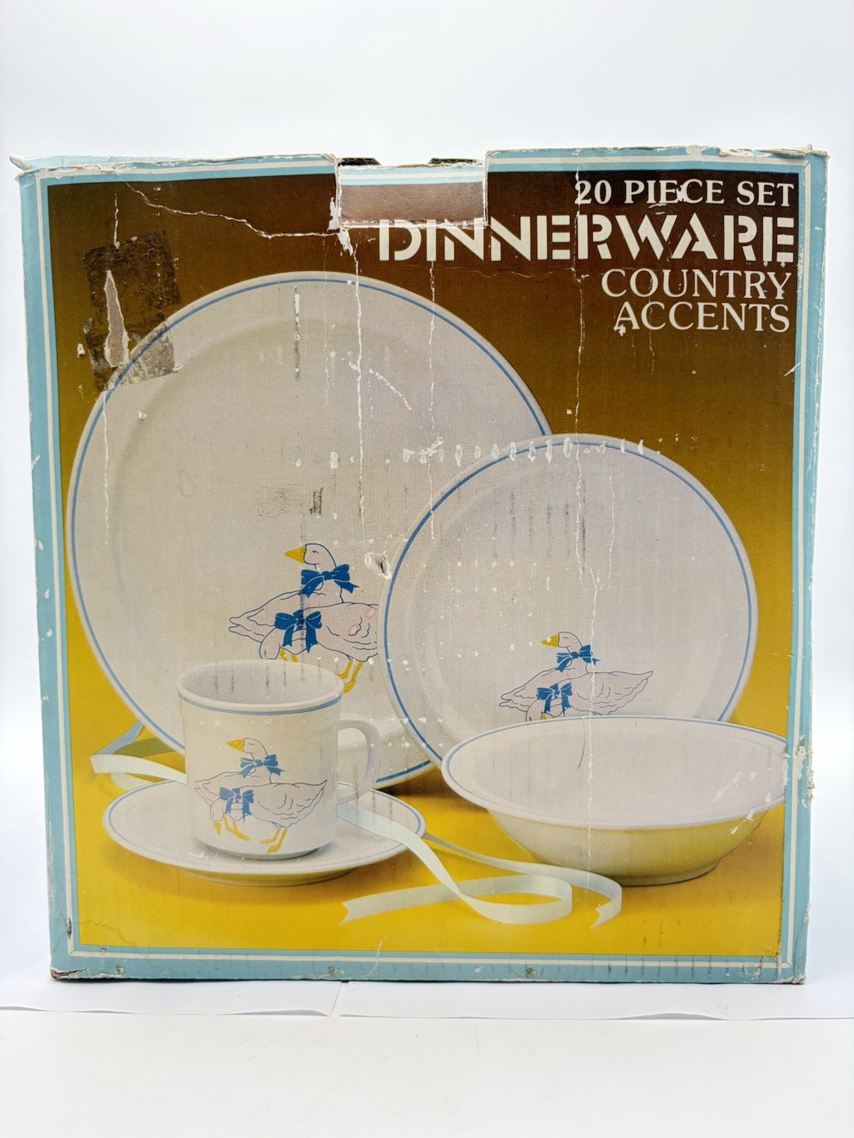 Vtg Country Accents Geese Dinnerware Set 20 PC New In Box Cottagecore Blue Bow