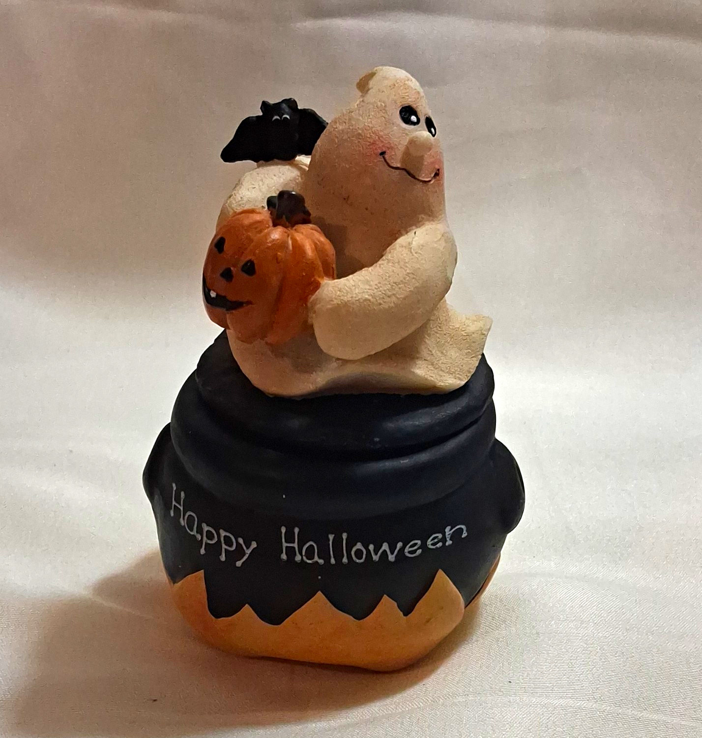 Vintage Crazy Mountain Halloween Ghost In Cauldron, Hidden Candle Figurine