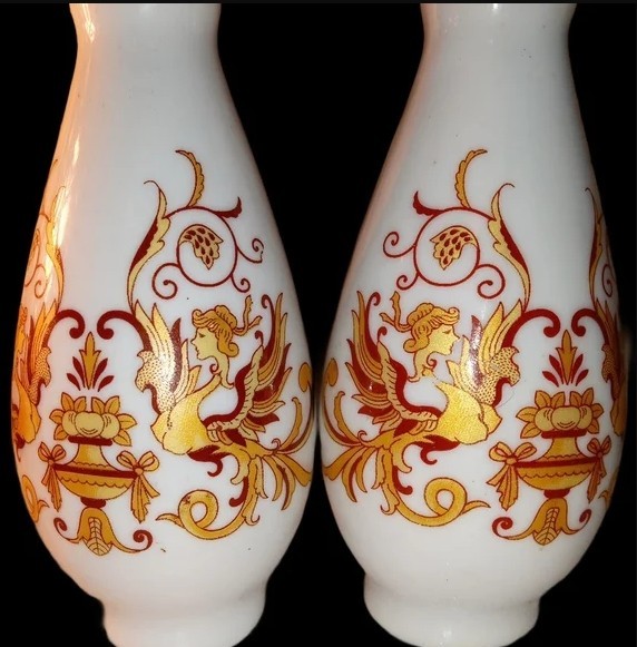 Vintage French Style Opaline Milk Glass Bud Vases Gold Enamel Pair 4
