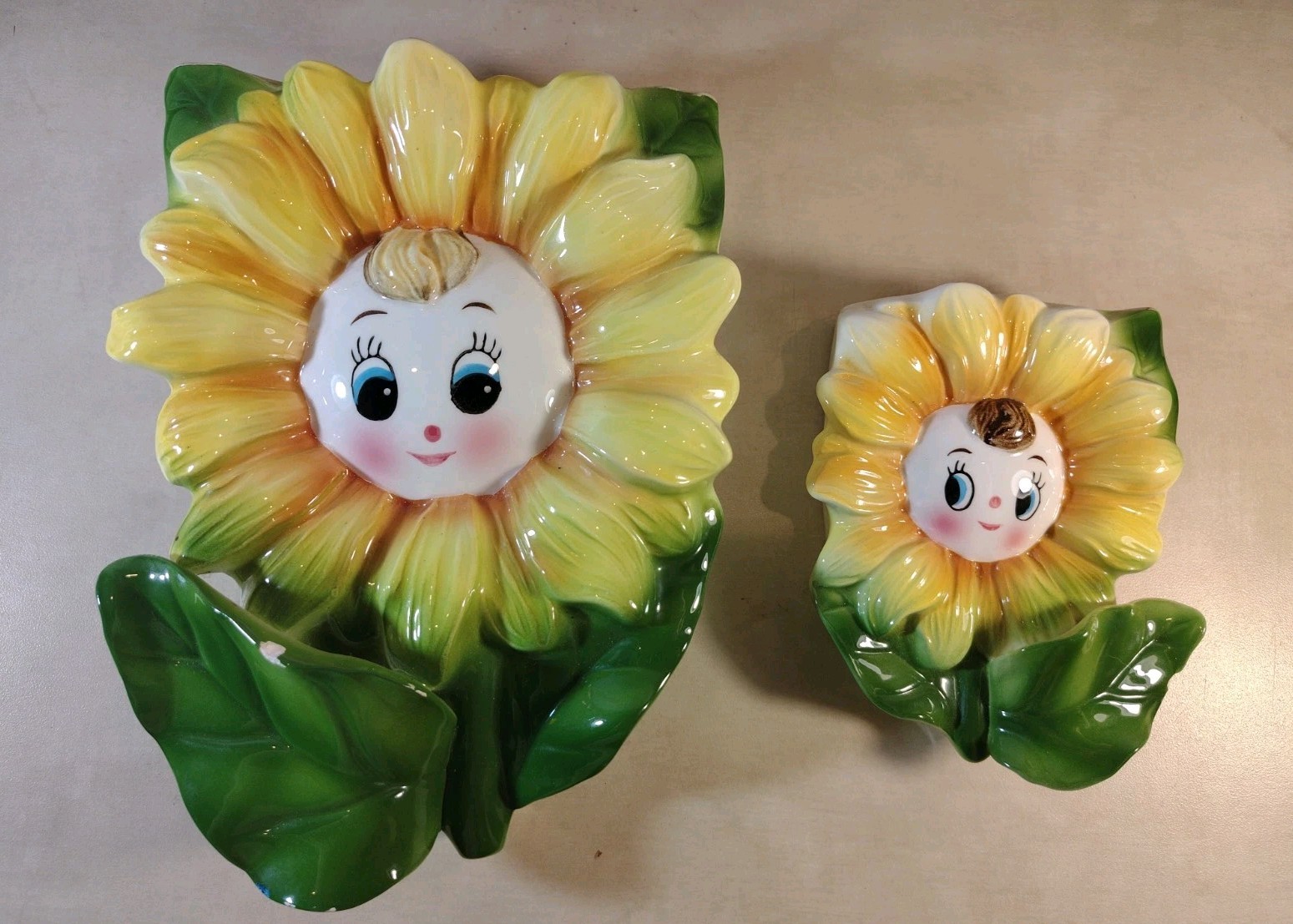 Vintage Lefton PY Japan Anthropomorphic Sunflower Wall Pockets Set Of 2 Vintage Lefton PY Japan Anthropomorphic Sunflower Wall Pockets Set Of 2