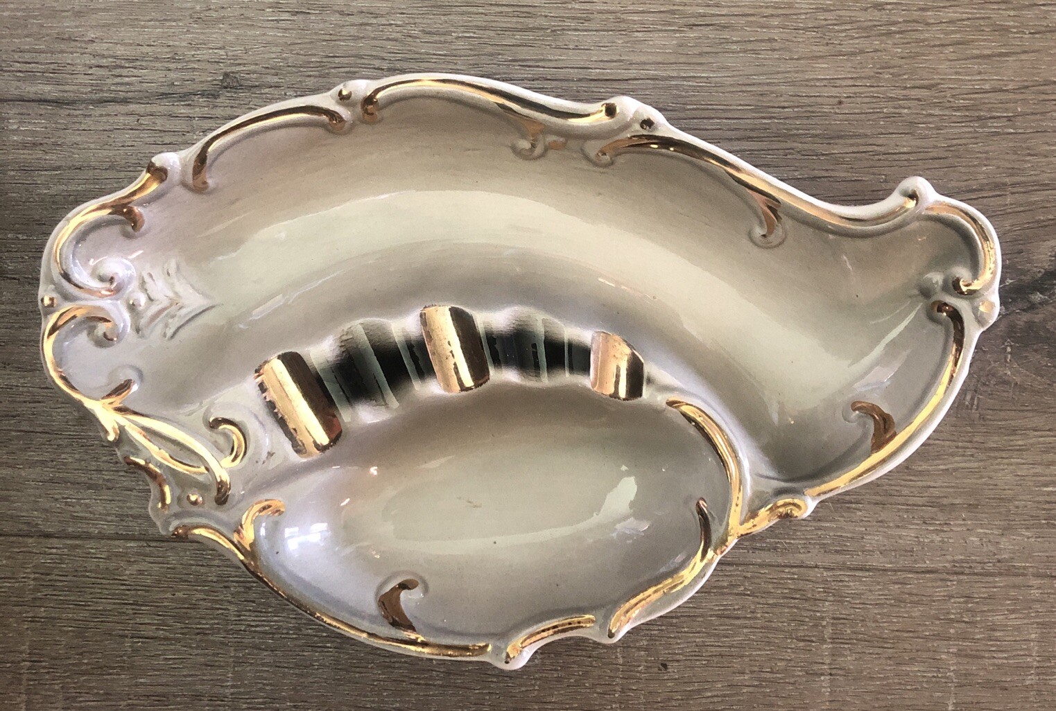 Vintage Lefton Ashtray Hollywood Regency #3357 Gray Gold Trim Made In Japan
