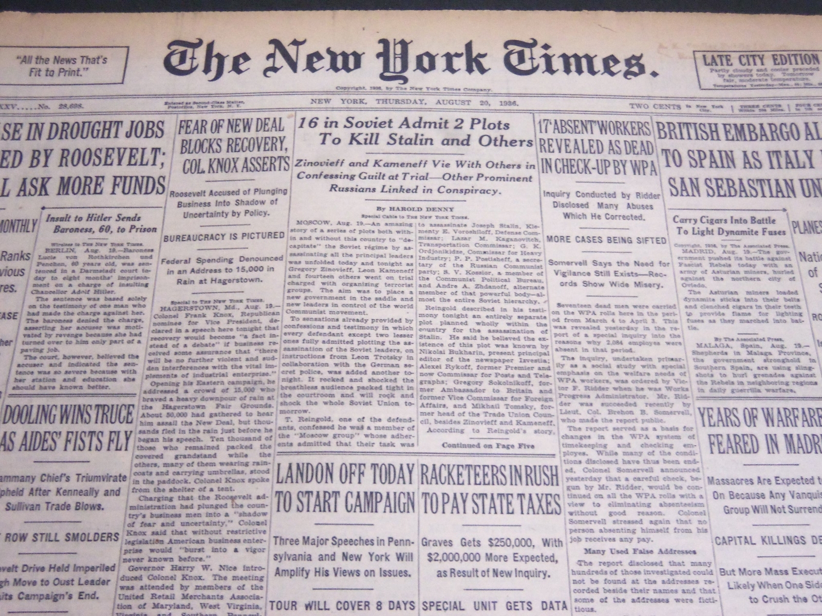 1936 AUGUST 20 NEW YORK TIMES - 16 IN SOVIET ADMIT - NT 6875A