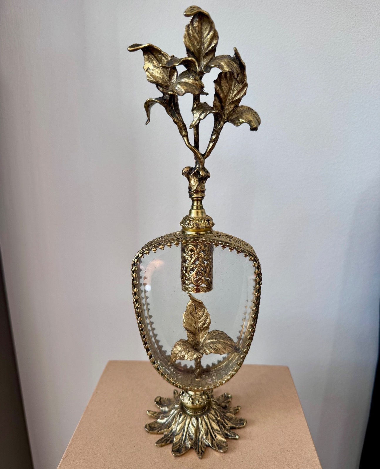 Vintage Gold Ormolu Filigree Perfume Bottle Holder Floral Finial 11.25