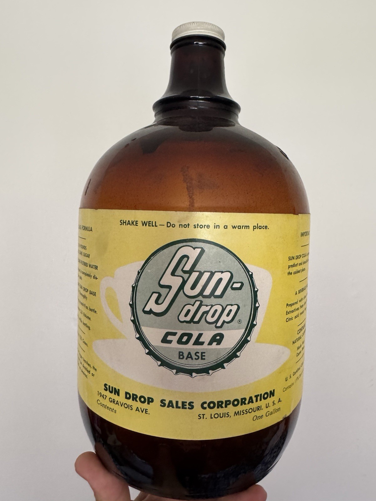 Vintage Sun Drop Cola Fountain Syrup 1 Gallon Amber Duraglas Jug St Louis 1956