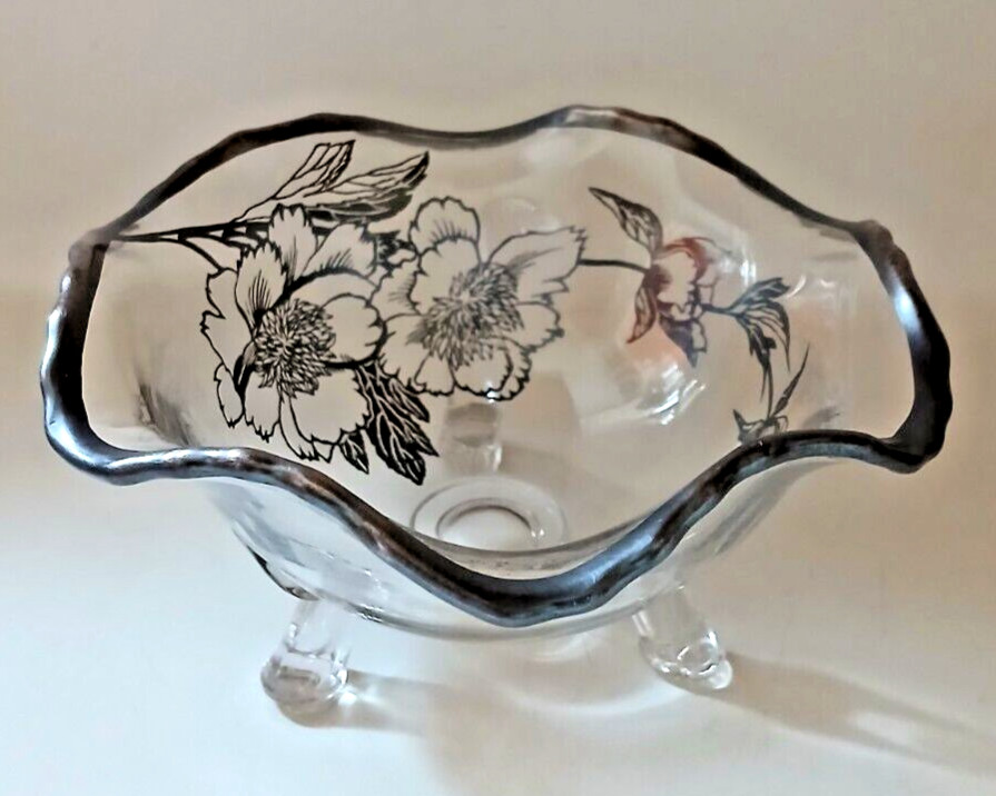 Vintage Art Clear Ruffle Glass Bowl w/ Silver Overlay Flowers 3 Footed Dish