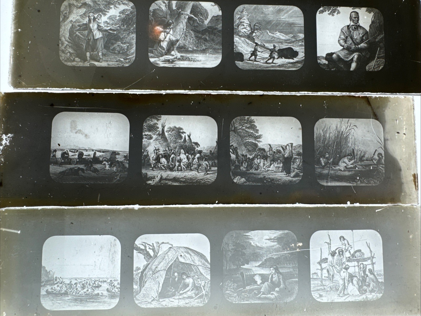 3 Antique Glass Film Slide Strips Native American Artwork Magic Lantern? 3 Antique Glass Film Slide Strips Native American Artwork Magic Lantern?