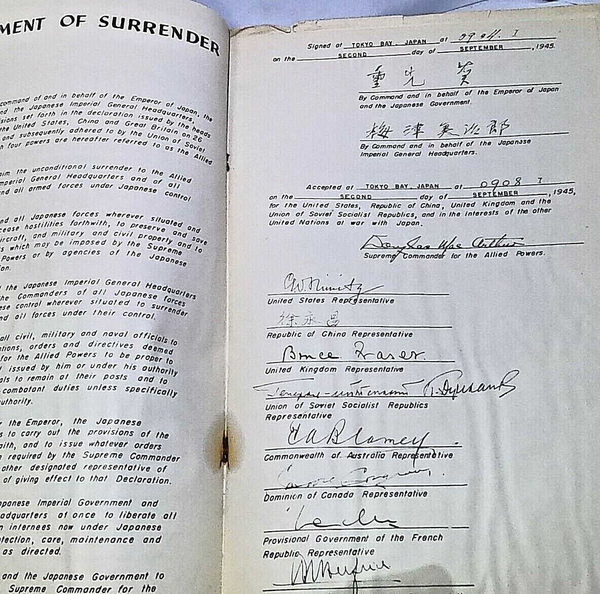 RARE WWII Instrument of Surrender Japanese to Allied Powers Document 1945 Sept 2