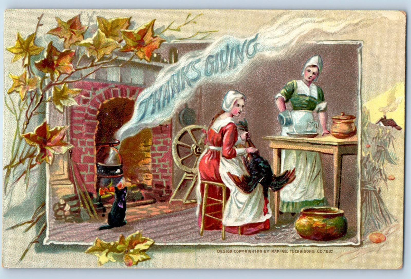 c1910\'s Thanksgiving Pilgrims With Turkey Fireplace Cat Raphael Tuck Postcard