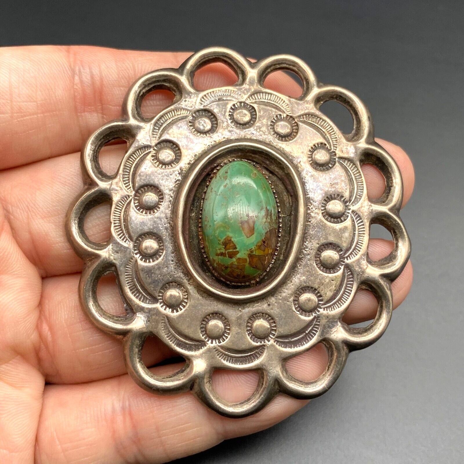 Vintage Navajo Native Turquoise Hand Stampwork Silver Sandcast Pendant