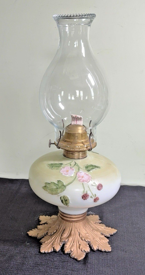 Antique/Vtg Milk Glass Oil Lamp-Raised Enamel Florals-Cast Metal Leaf Base-16\