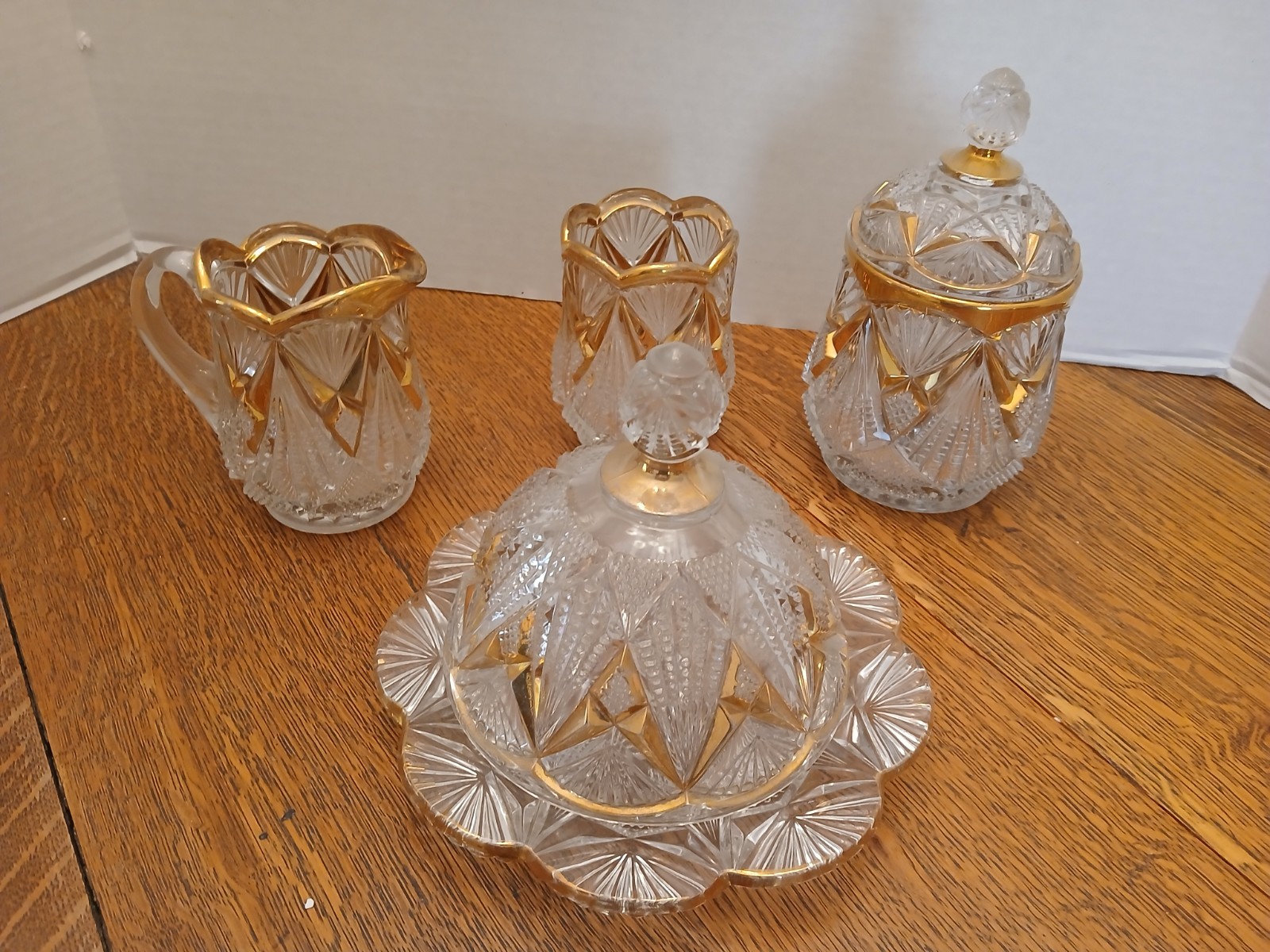 Antique EAPG Butter Dish, Creamer, Sugar, Spooner Set.  6 Pieces. Gold Trim