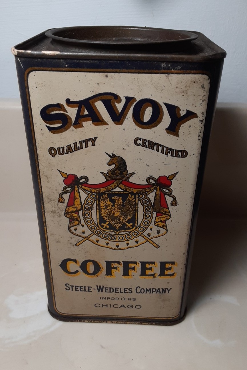 Early Vintage Savoy Coffee 1 lb tin Steel-Wedeles Co. Chicago Midwest Grocers