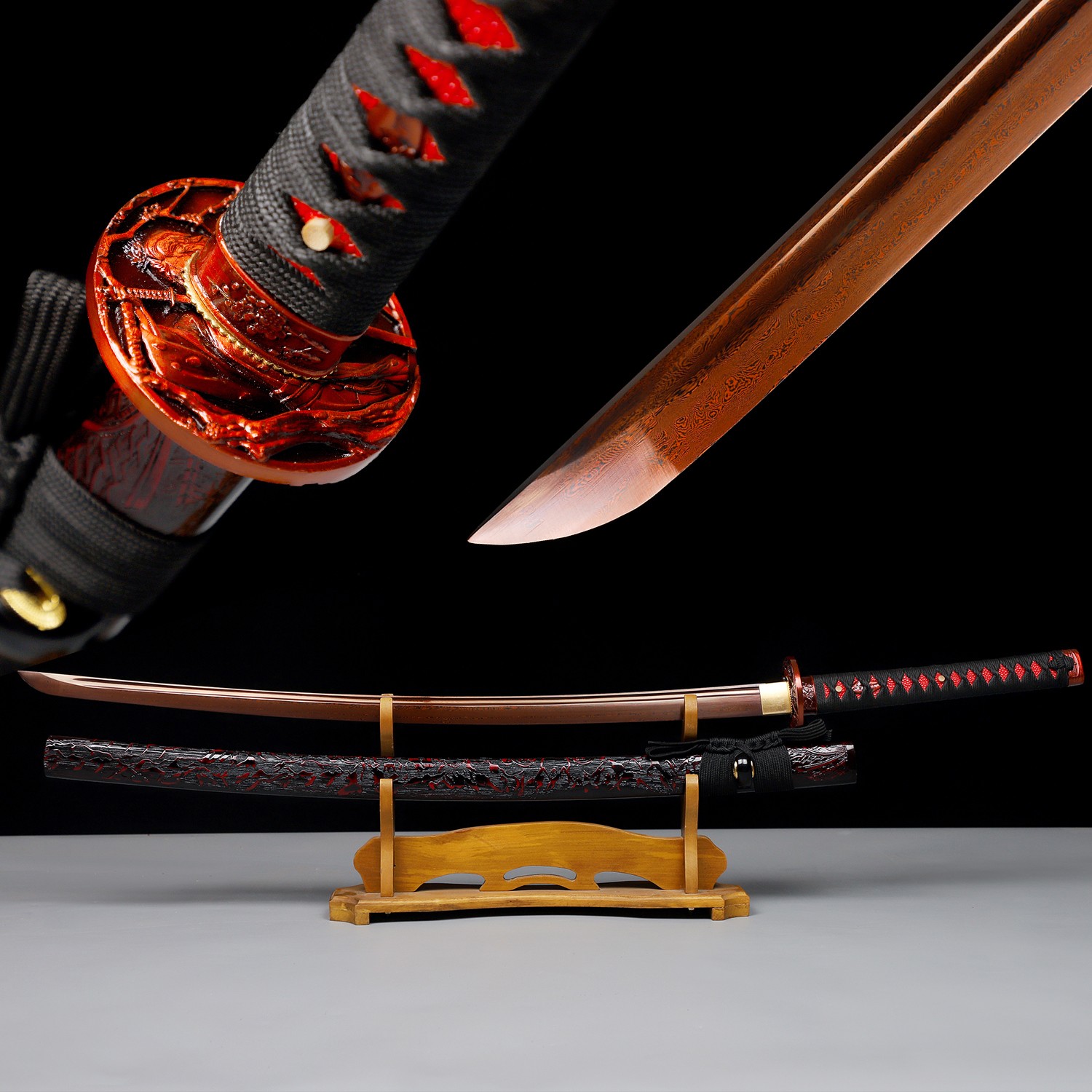 Japanese Samurai Katana Sword Full Tang Damascus Steel Red Black Sharp