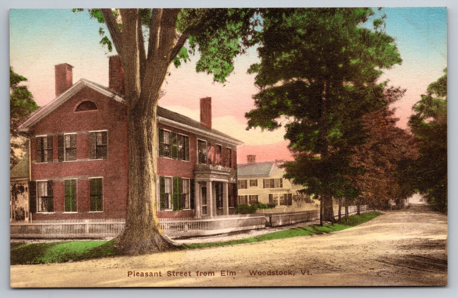 Pleasant Street From Elm. Woodstock Vermont Hand Colored Postcard