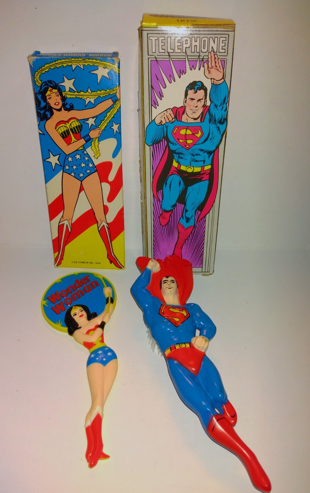 VINTAGE AVON NOS WONDER WOMAN MIRROR SUPERMAN BRUSH KIDS W/BOXES