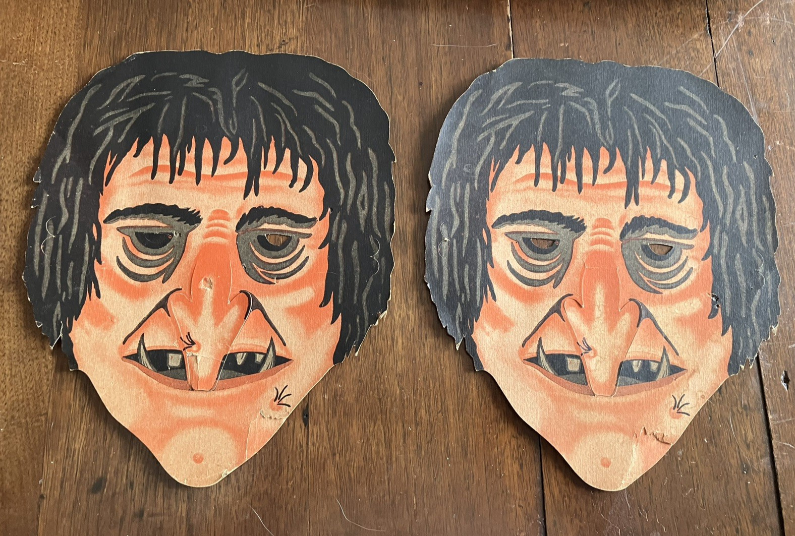 Two ca. 1930\'s - 40\'s Rare Vintage Halloween Diecut Scary Witch Masks 9-1/4\