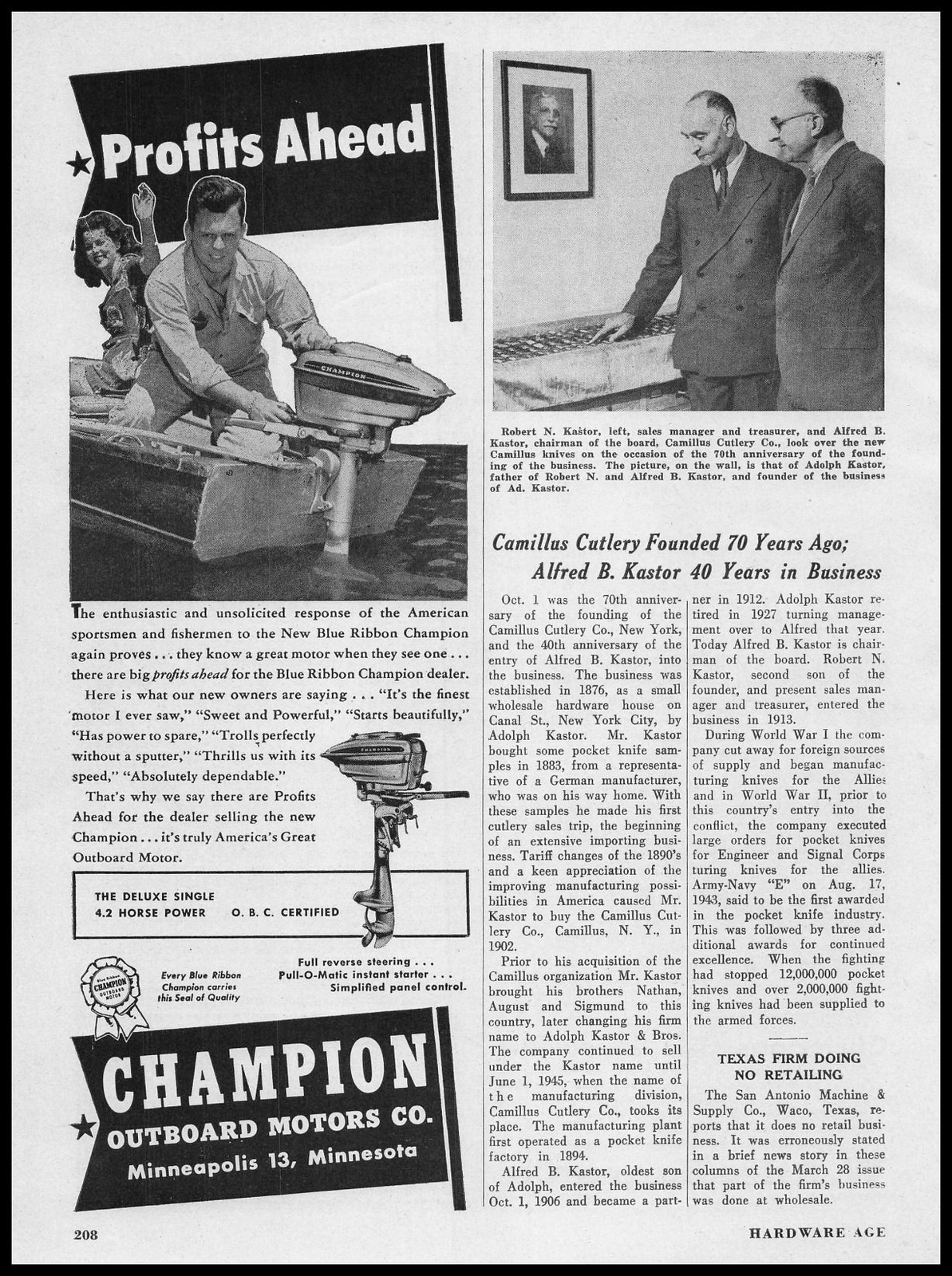 1946 Champion Outboard Motors Minneapolis De Luxe Single 4.2 HP Vintage Print Ad