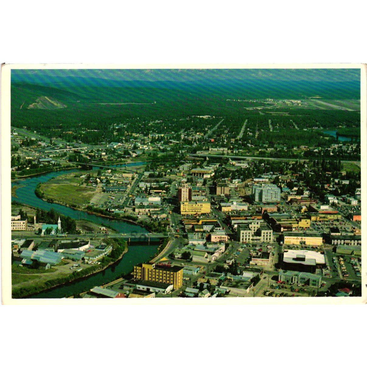 Vintage Fairbanks Alaska Aerial View Postcard 1980 APO Postmark Chena River City