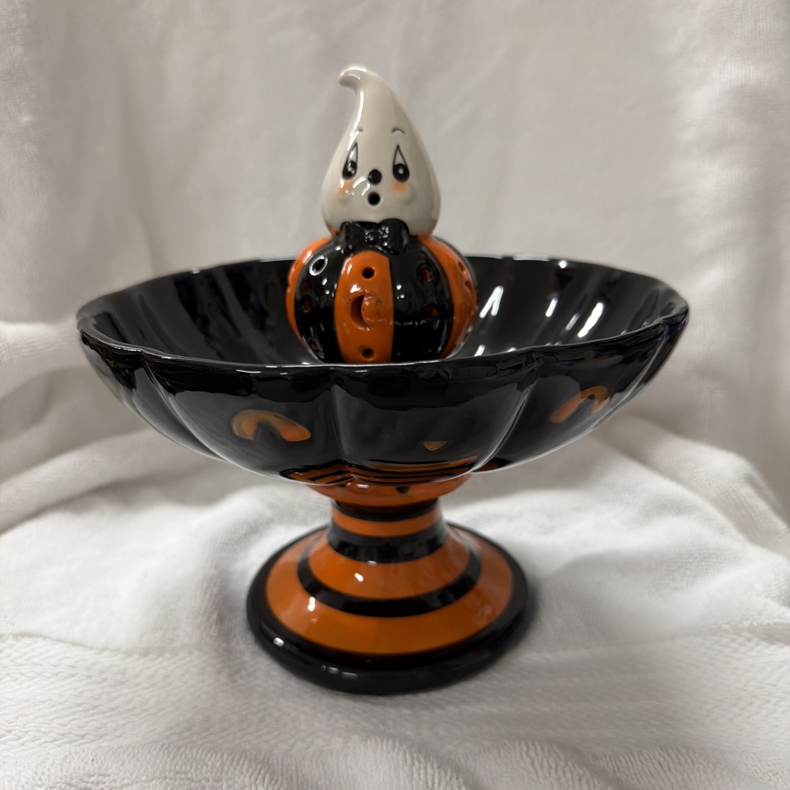 NEW Johanna Parker Black Orange Halloween Ghost Light Up Candy Dish Bowl