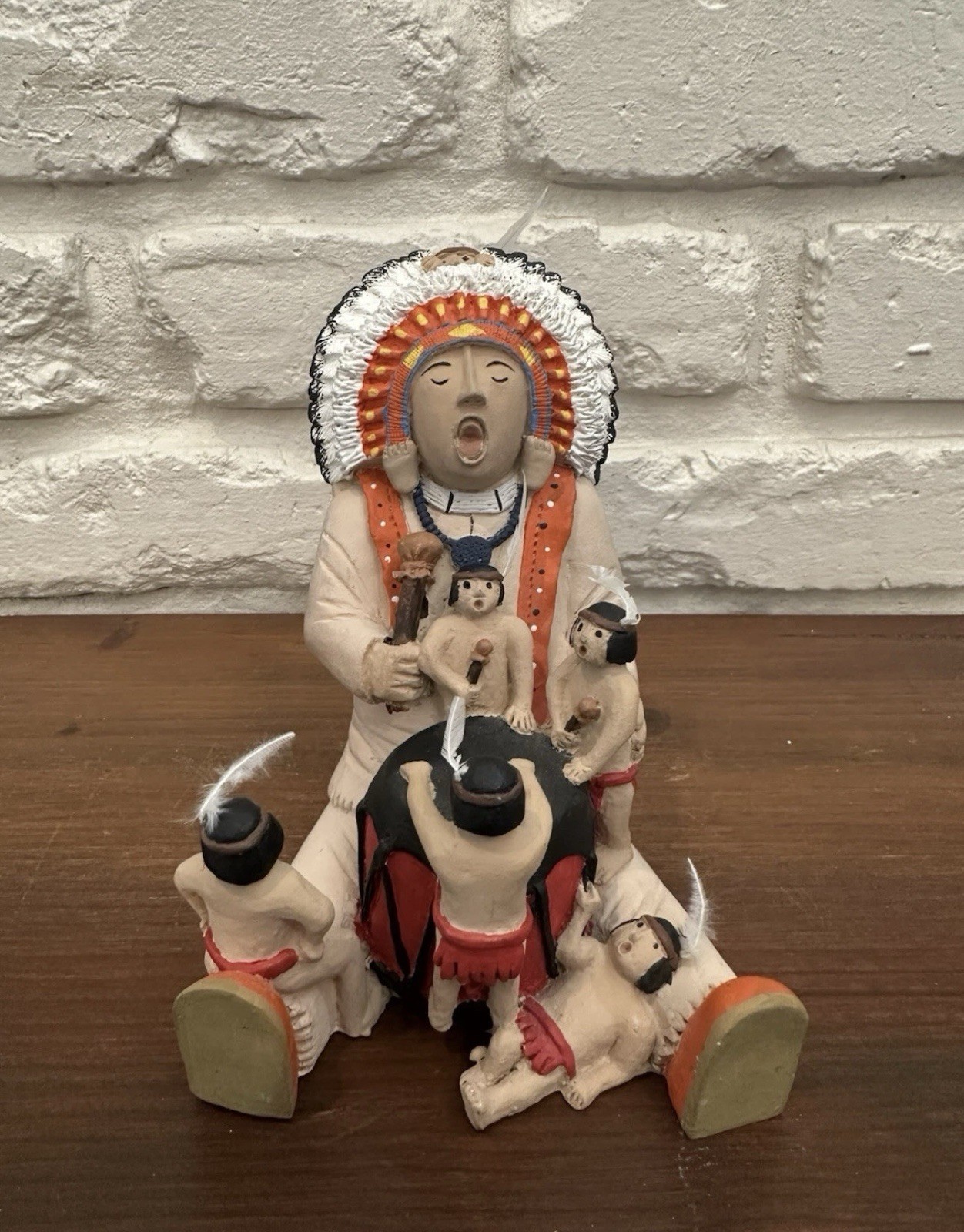 Vintage Story Telling Native American Chief With Children Drumming Ceramic