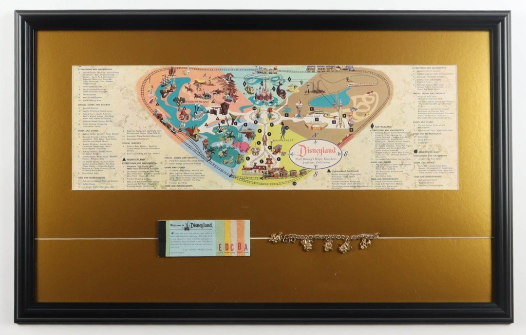 Disneyland 1958 Vntg Onsite Map with  A-E Ticketbook and Charm Bracelet DISP