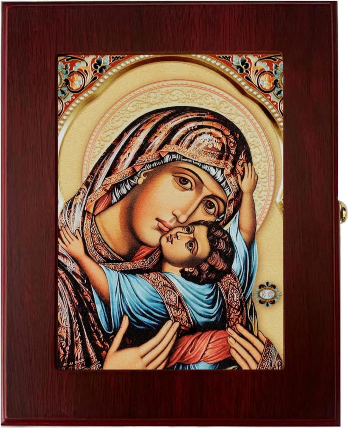 Sweet Kissing Mary and Child Christ Lined Wall Hanging Orthodox Icon Box 7.5 In