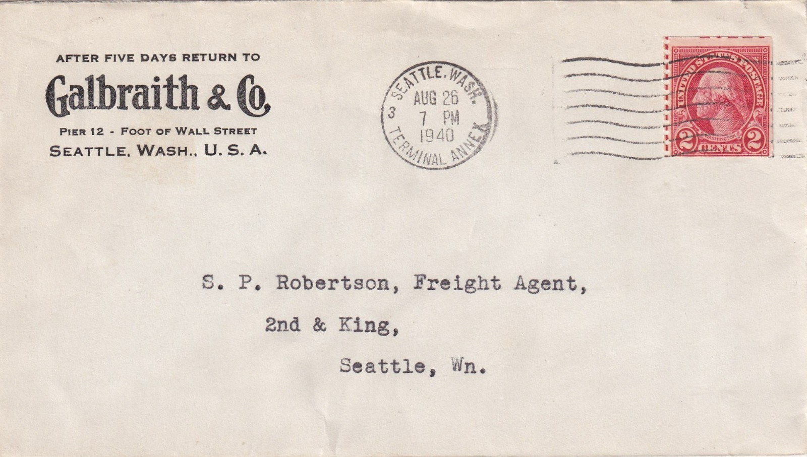 1940 Galbraith & Co Seattle Pier 12 Wall St Cover to Freight Agent Railroad