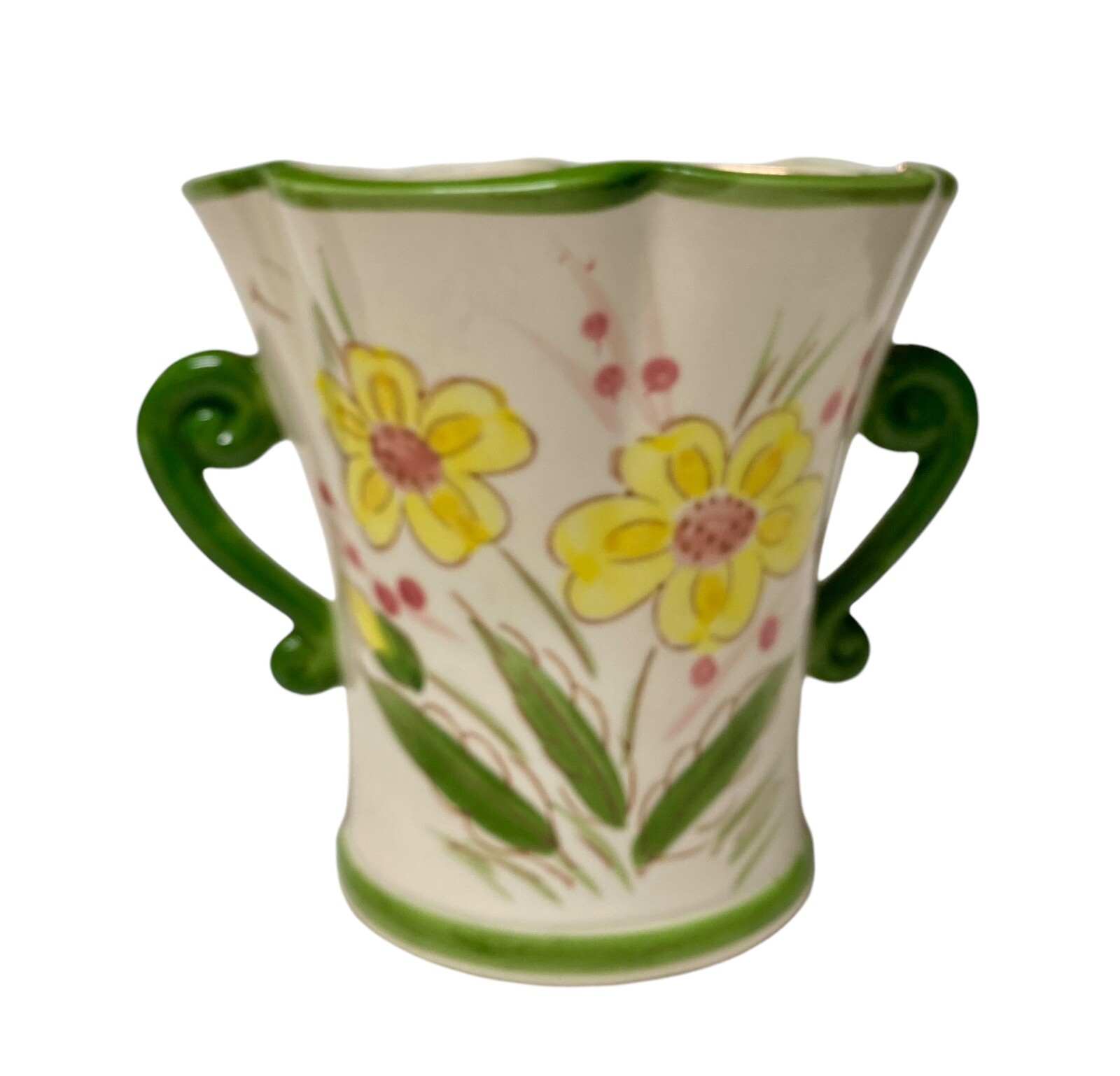 Relpo Planter Vase Daisy Flowers Green Handles Made in Japan 5 1/2” Tall Chip