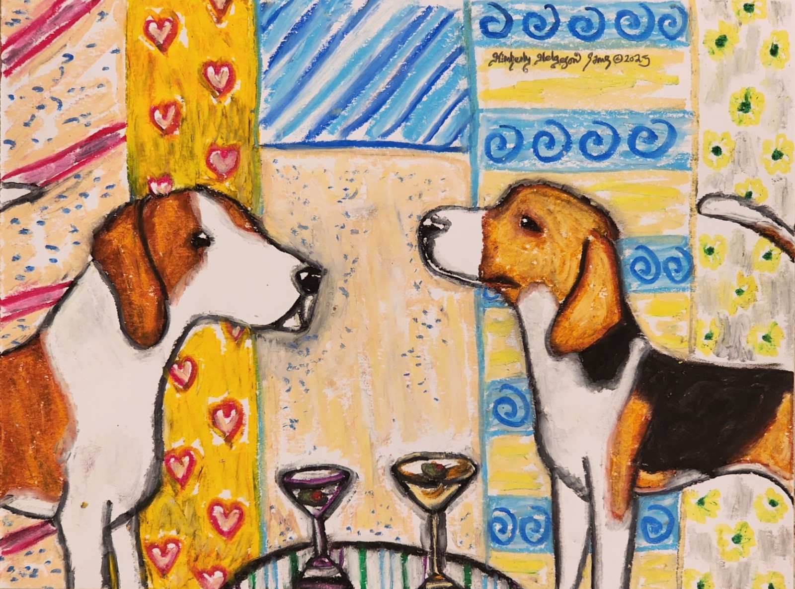 American Foxhound with Martini- Dog Art 9x12 Oil Pastel Painting