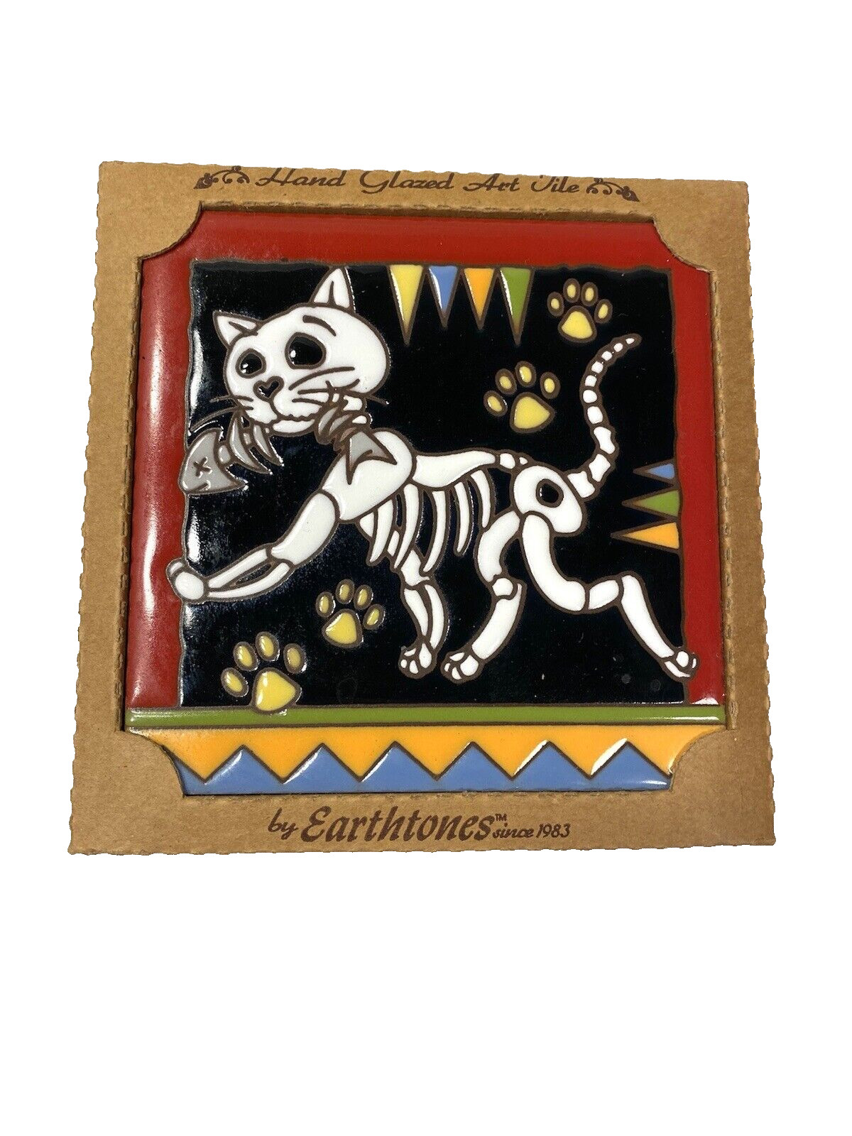Earthtones Skeleton Cat Hand Glazed Art Tile 6x6 Trivet Wall Decor 7051A USA Earthtones Skeleton Cat Hand Glazed Art Tile 6x6 Trivet Wall Decor 7051A USA