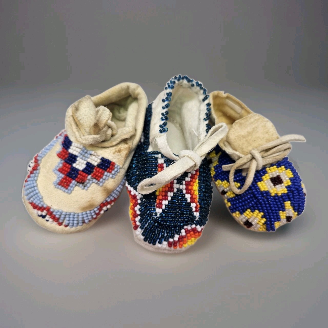 3 Vtg Plains Indian Beaded Baby Moccasins North Dakota Leather 3 Vtg Plains Indian Beaded Baby Moccasins North Dakota Leather