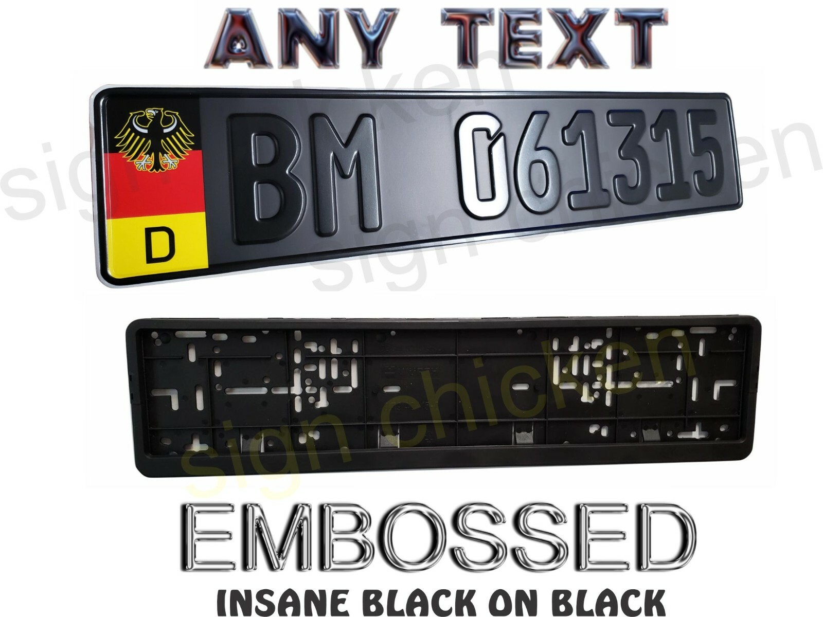 GERMAN BLACK ON BLACK, EURO STYLE  TAG, BMW, European LICENSE plate CUSTOM TEXT