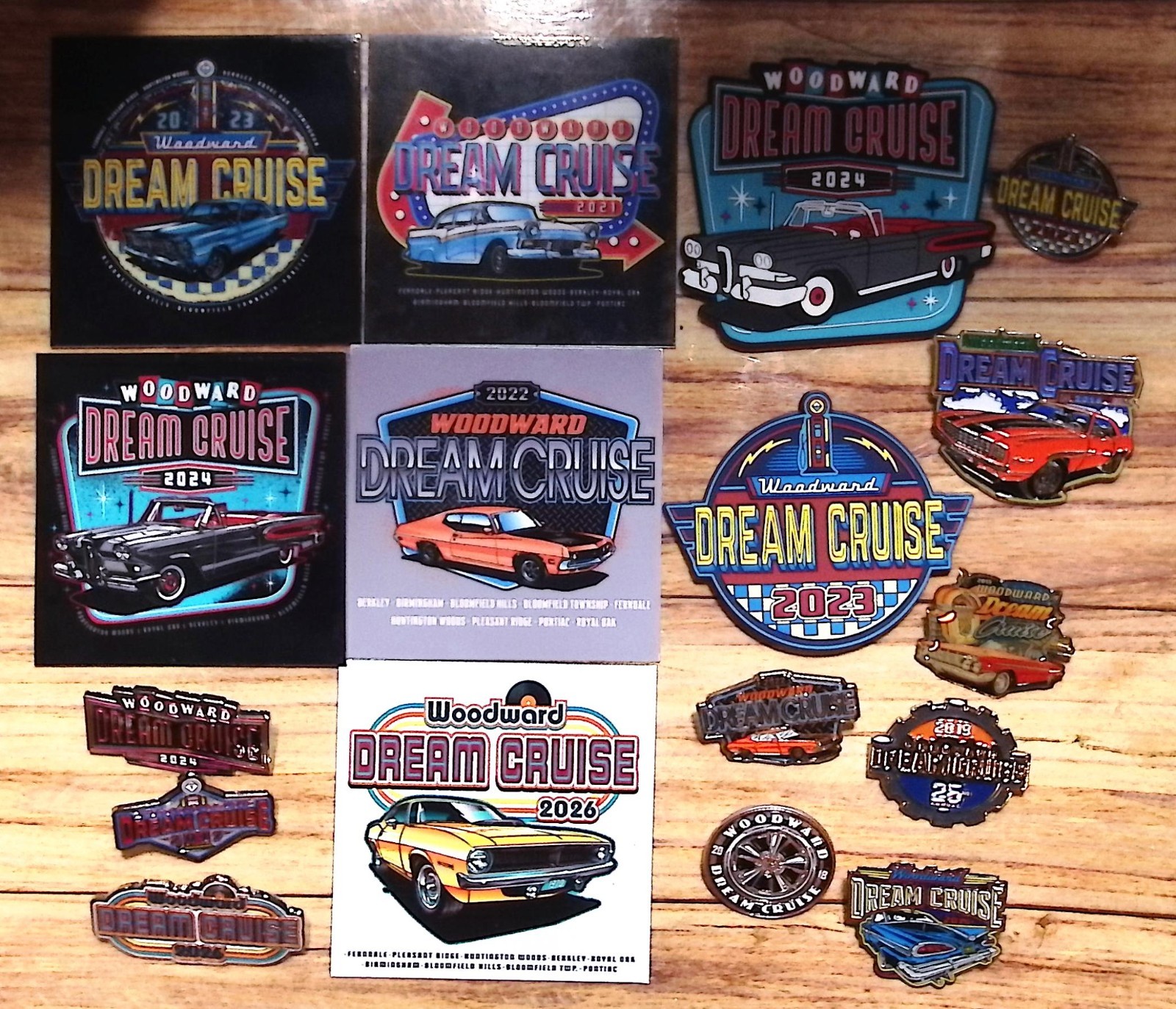 (17 Piece) Collection Woodward Dream Cruise Pins Magnets Dash Plaques 2013-2026