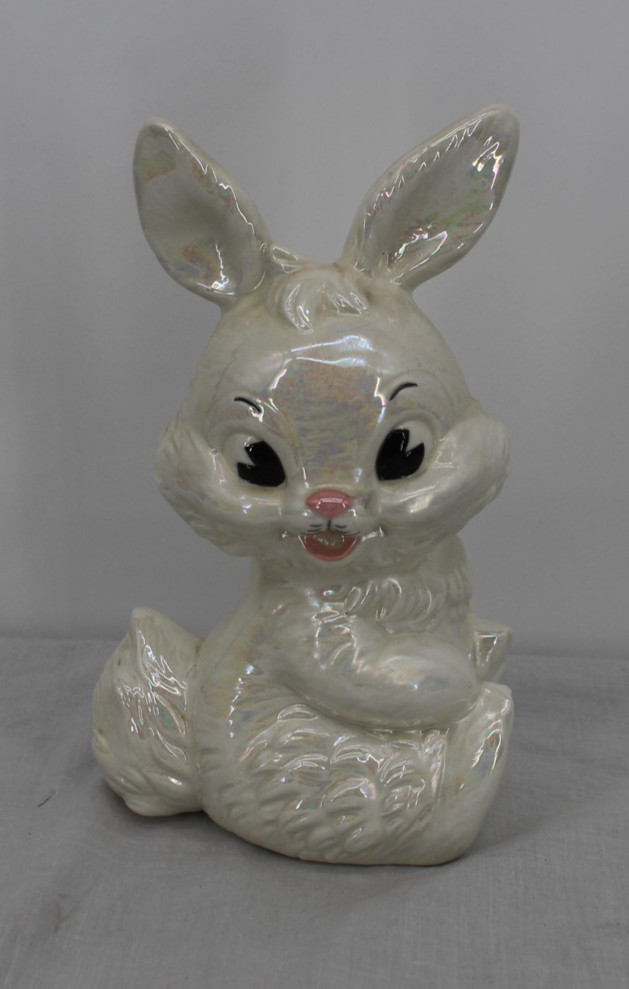 VTG Porcelain Bunny Figurine Iridescent White Big Eyes Sitting Rabbit Home Decor