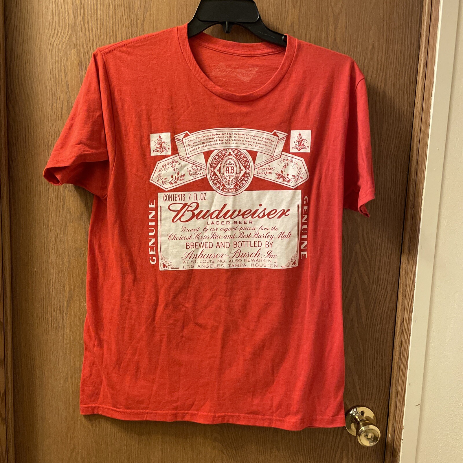 Budweiser T Shirt Lg Red W/ White Letters Short Sleeve Double Stitch Hem