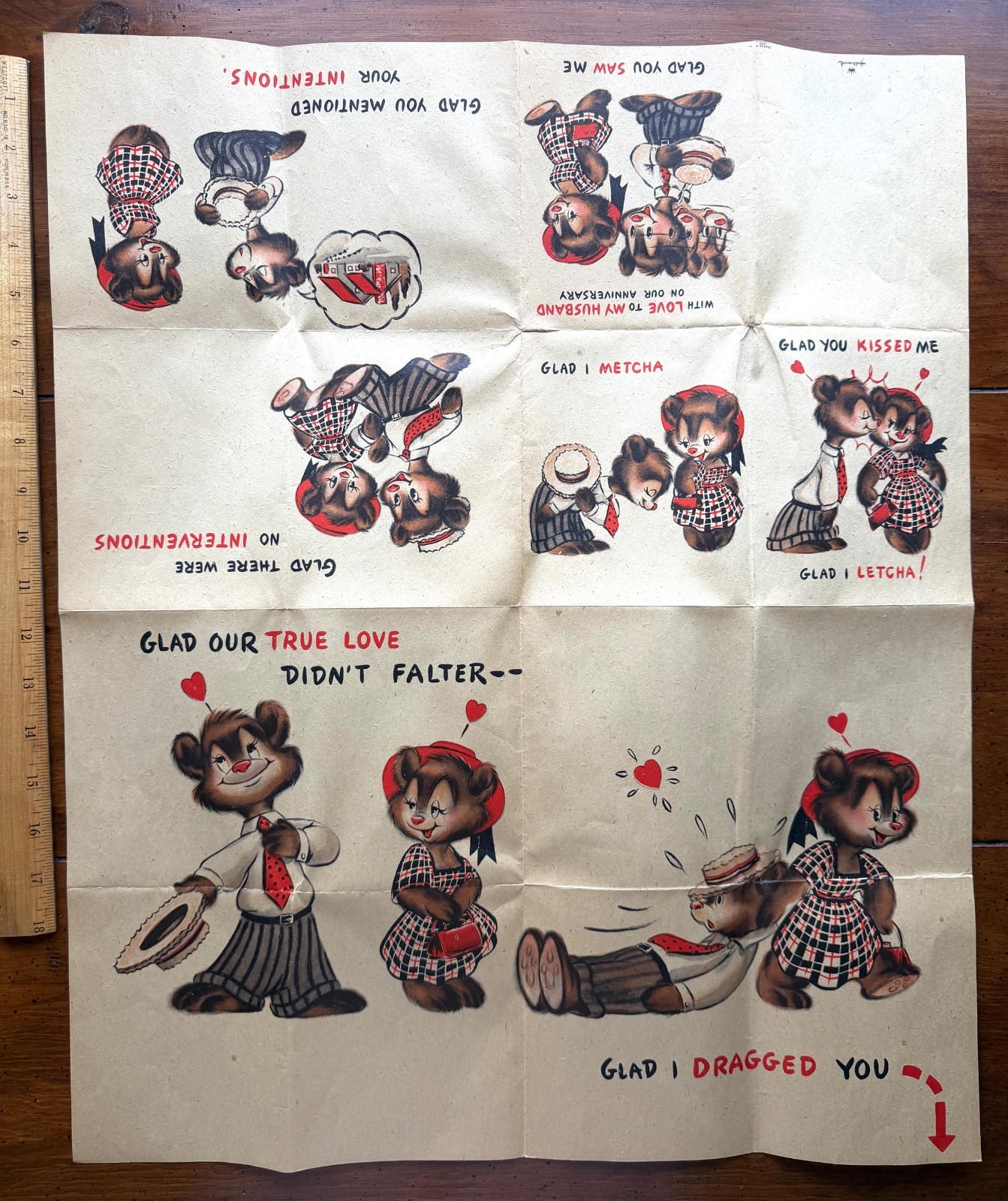 Vintage 1950s Hallmark Giant Anniversary Card Bears Poster Map Fold 18x21