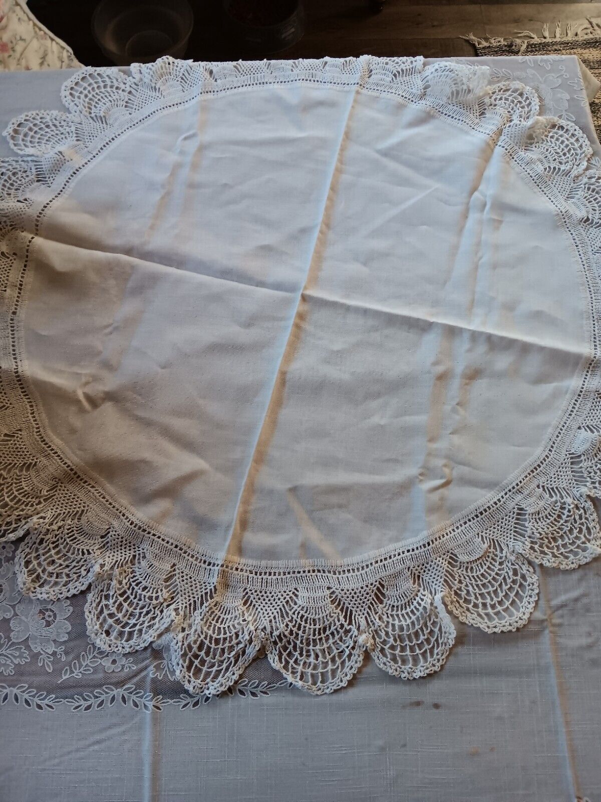 Vintage Small Round Linen And Crochet Edges Table Cover