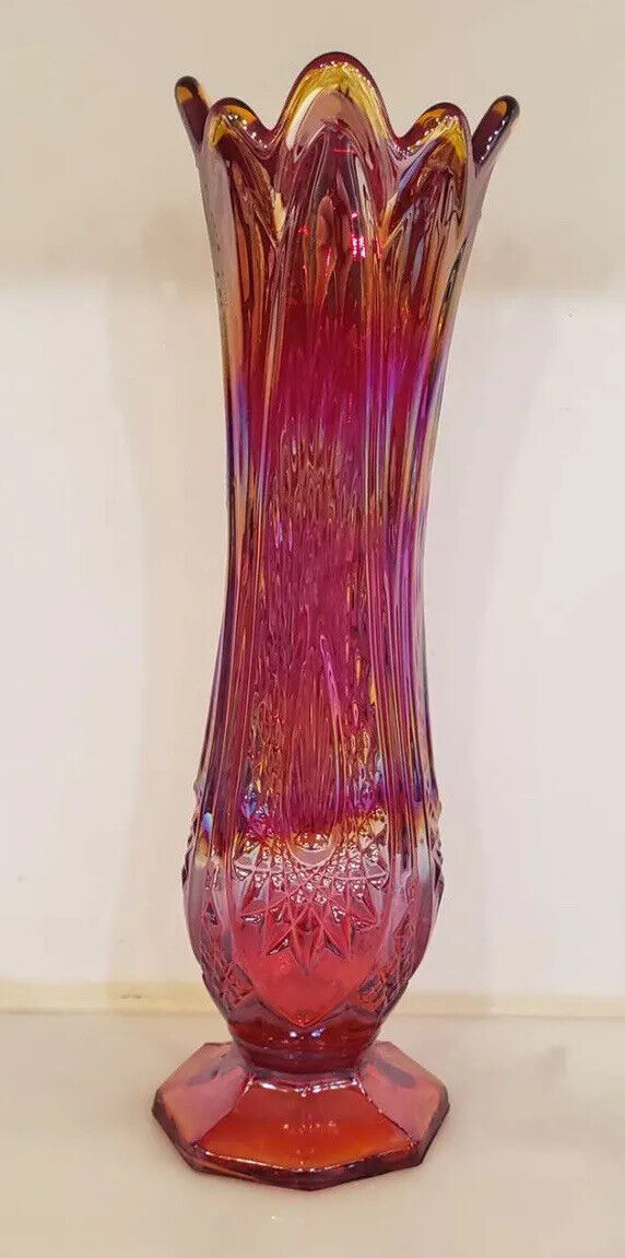 Vintage Indiana Glass Heritage Pattern Red Carnival Glass Vase 11 Inches Tall