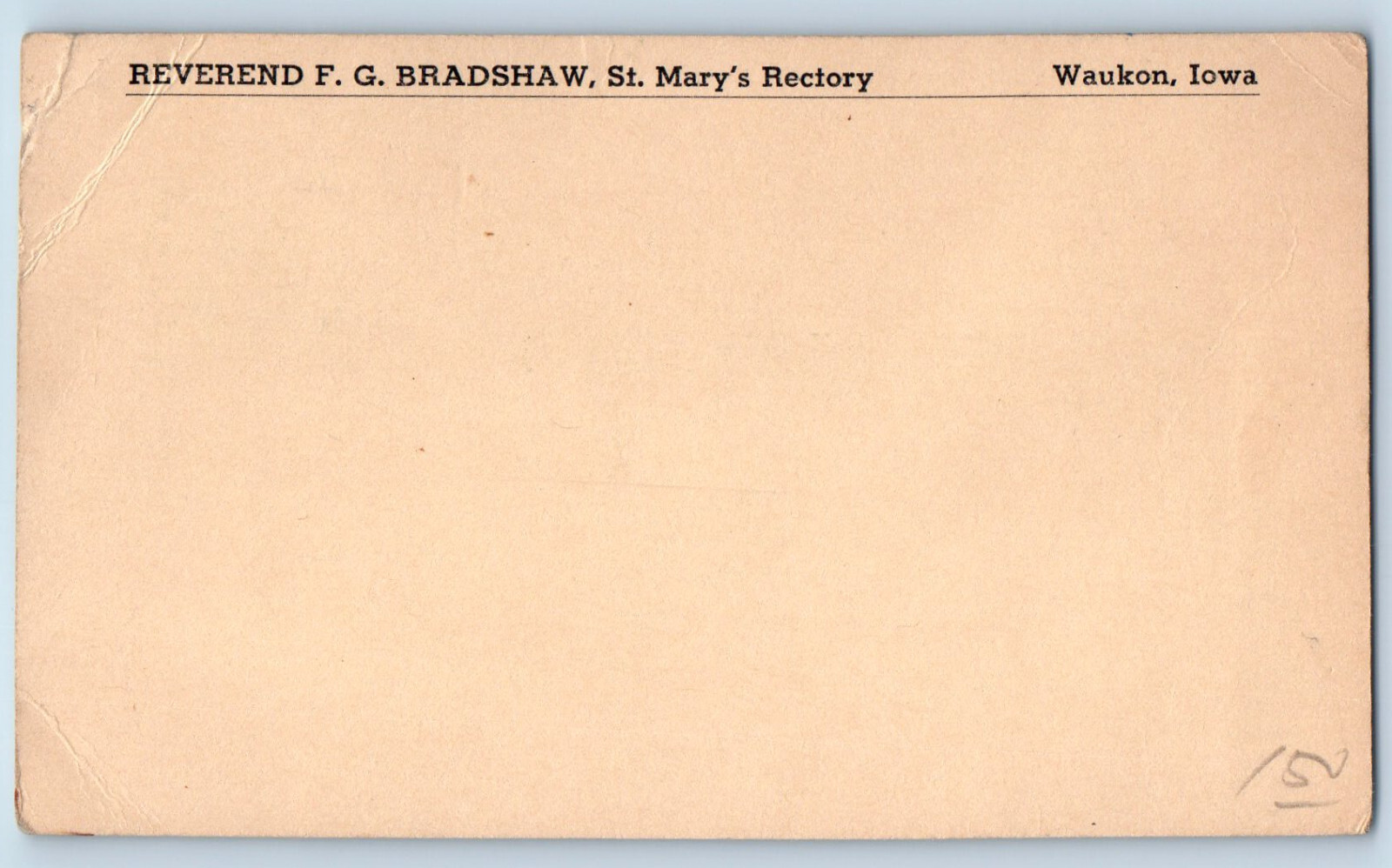 Waukon Iowa IA Postal Card Reverend F.G. Bradshaw St. Mary's Rectory c1905
