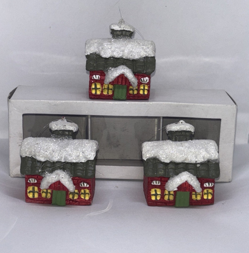 3 Ikea Snow Covered Small 2” Red Christmas Village Houses Ornaments