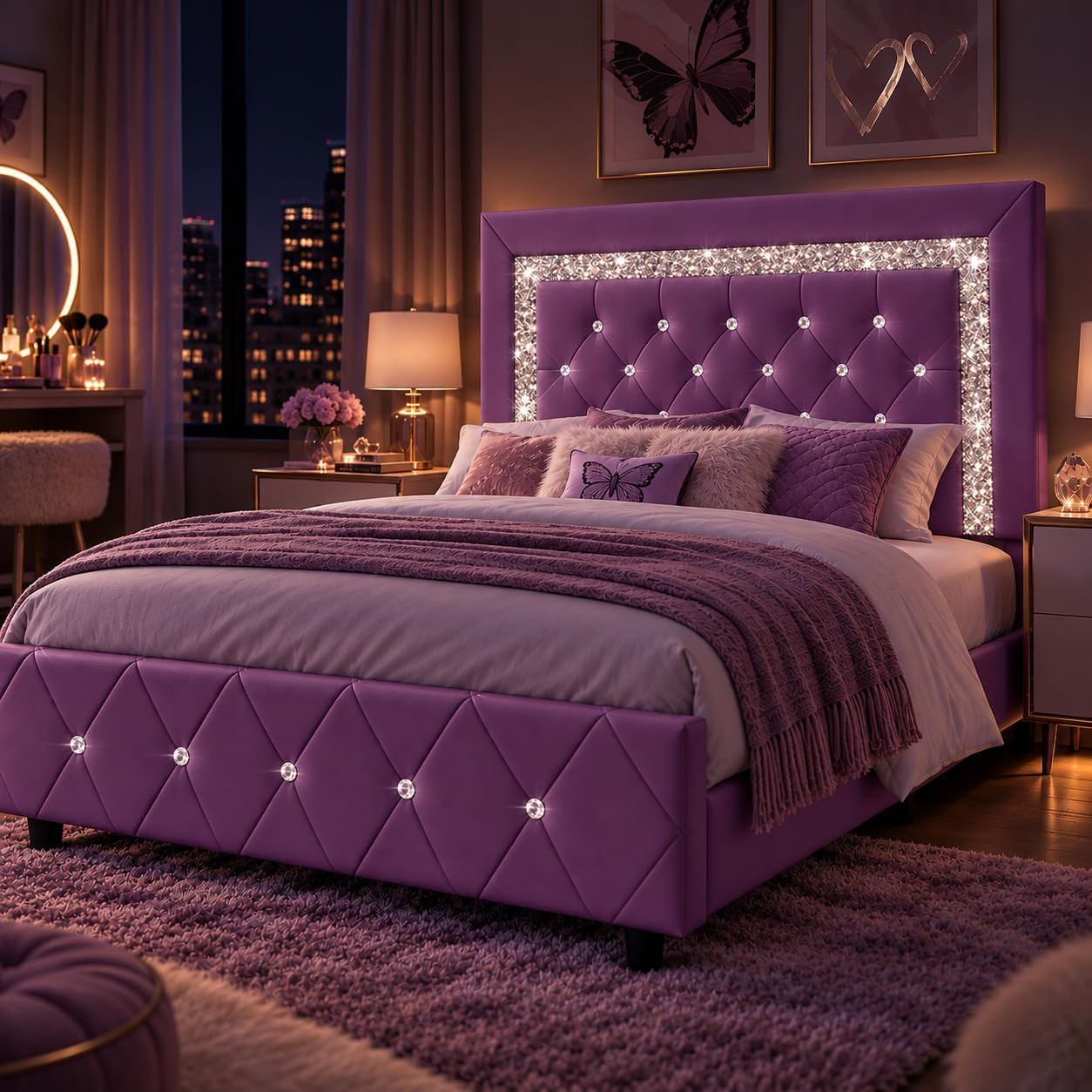 Twin Bed Frame,Faux Leather Upholstered Bed with Diamond Headboard