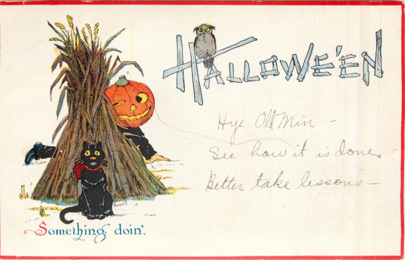 Halloween Pumpkin Man Black Cat Owl 1912 Gibson Art Co Postcard 