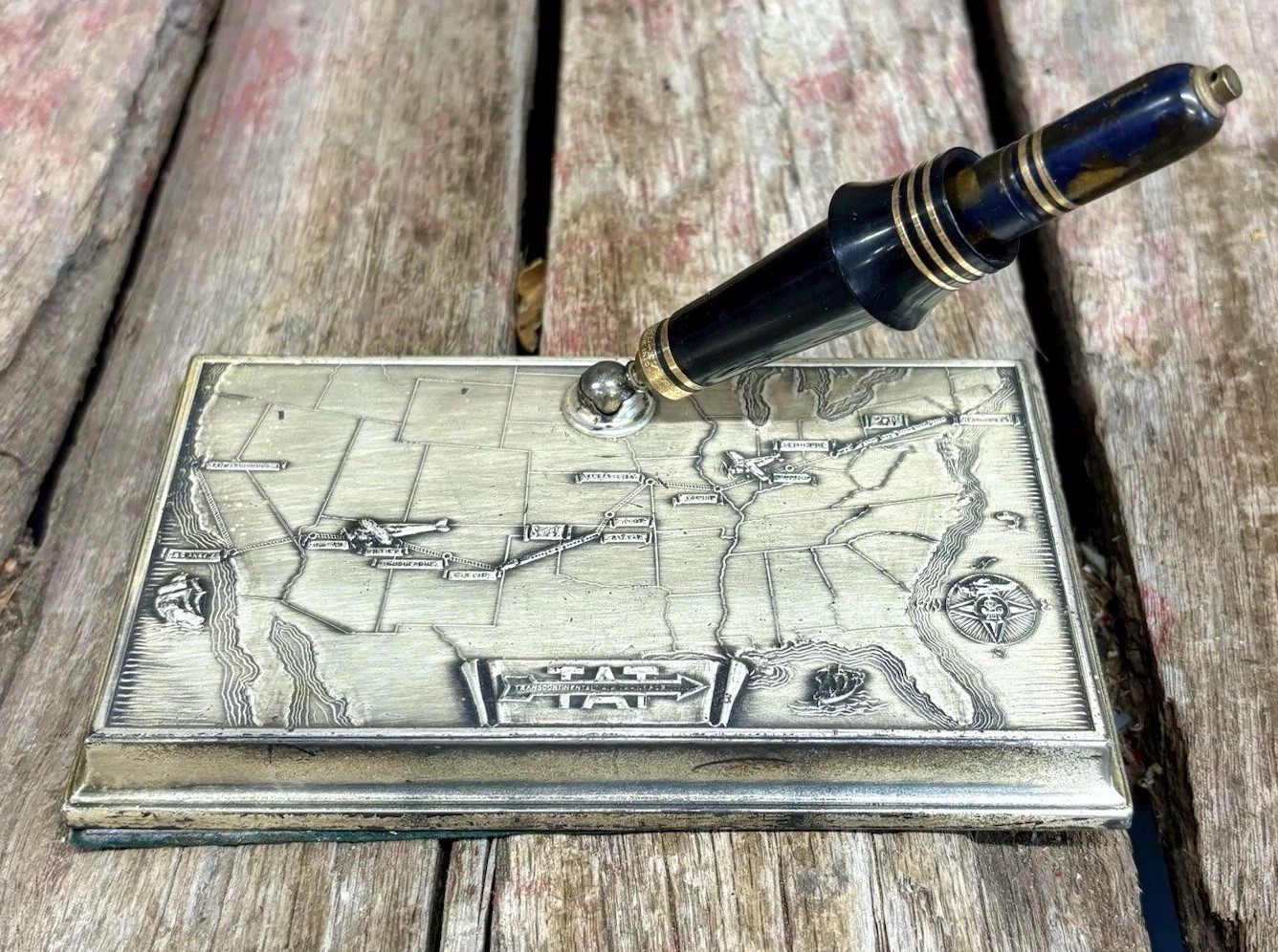 Early Vintage Transcontinental Air Transport TAT Advertising Desk Pen & Holder